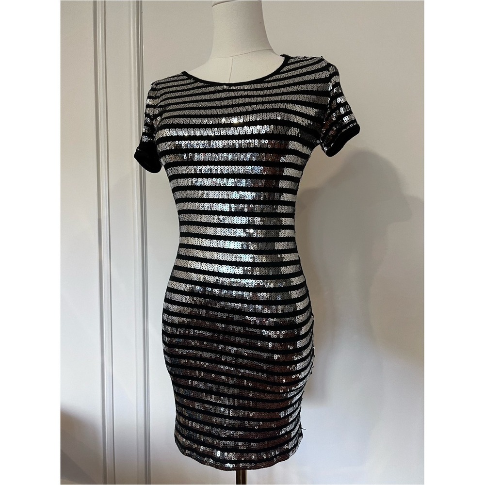 Forever 21 Sequin Striped Bodycon Dress Black Silver Small Indie Sleaze Y2K